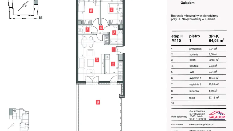 Rzut - Mieszkanie na sprzedaż 3 pokoje o powierzchni 64,03 m² - numer M-115 w Nałęczowska etap II