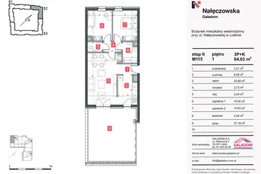 Rzut - Mieszkanie na sprzedaż 3 pokoje o powierzchni 64,03 m² - numer M-115 w Nałęczowska etap II