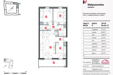 Rzut - Mieszkanie na sprzedaż 3 pokoje o powierzchni 64,04 m² - numer M-124 w Nałęczowska etap II