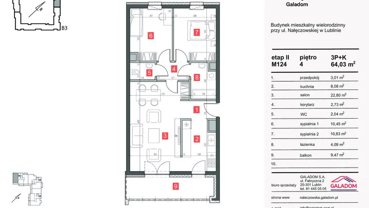 Rzut - Mieszkanie na sprzedaż 3 pokoje o powierzchni 64,04 m² - numer M-124 w Nałęczowska etap II