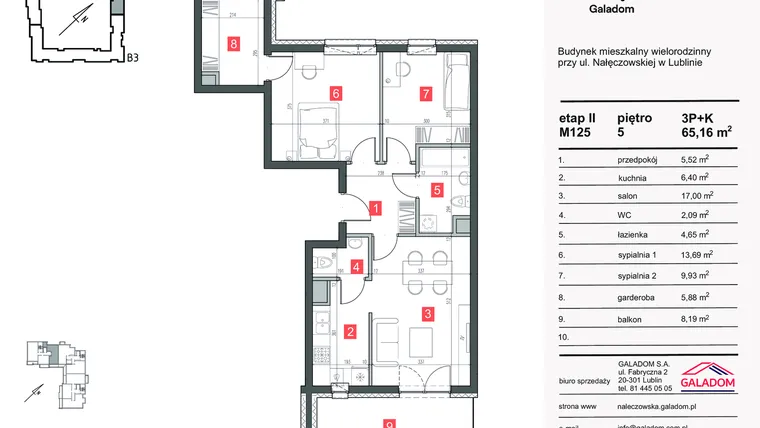 Rzut - Mieszkanie na sprzedaż 3 pokoje o powierzchni 65,16 m² - numer M-125 w Nałęczowska etap II