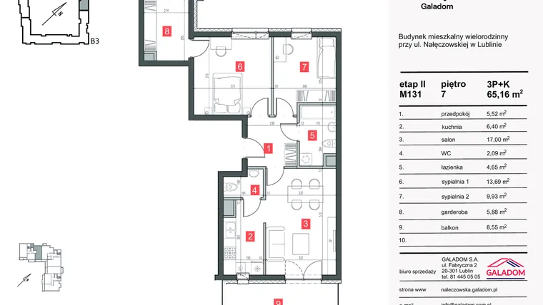 Rzut - Mieszkanie na sprzedaż 3 pokoje o powierzchni 65,16 m² - numer M-131 w Nałęczowska etap II