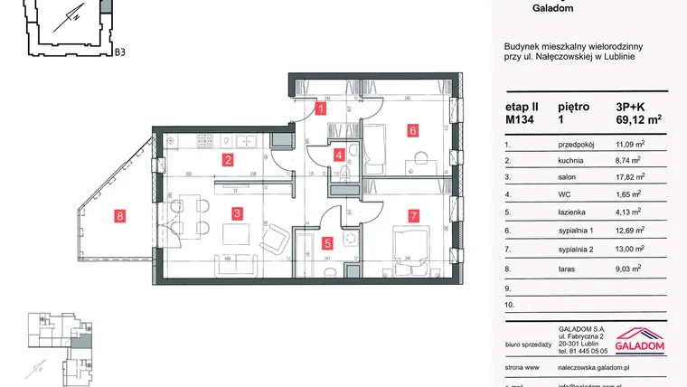 Rzut - Mieszkanie na sprzedaż 3 pokoje o powierzchni 69,12 m² - numer M-134 w Nałęczowska etap II
