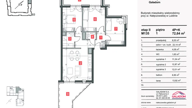 Rzut - Mieszkanie na sprzedaż 4 pokoje o powierzchni 72,64 m² - numer M-135 w Nałęczowska etap II