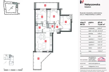 Rzut - Mieszkanie na sprzedaż 4 pokoje o powierzchni 72,86 m² - numer M-135 w Nałęczowska etap II