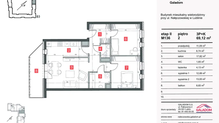 Rzut - Mieszkanie na sprzedaż 3 pokoje o powierzchni 69,12 m² - numer M-136 w Nałęczowska etap II