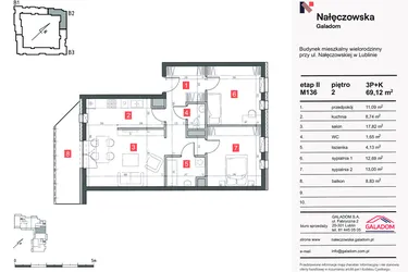 Rzut - Mieszkanie na sprzedaż 3 pokoje o powierzchni 69,43 m² - numer M-136 w Nałęczowska etap II