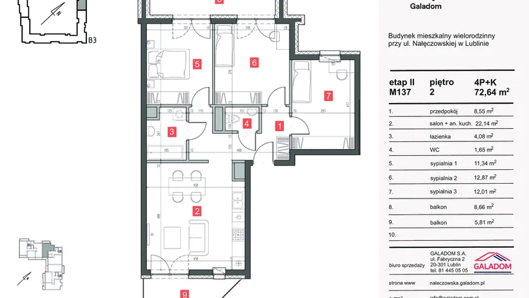 Rzut - Mieszkanie na sprzedaż 4 pokoje o powierzchni 72,64 m² - numer M-137 w Nałęczowska etap II