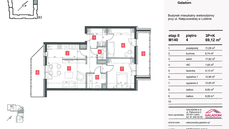 Rzut - Mieszkanie na sprzedaż 3 pokoje o powierzchni 69,12 m² - numer M-140 w Nałęczowska etap II