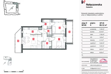 Rzut - Mieszkanie na sprzedaż 3 pokoje o powierzchni 69,29 m² - numer M-140 w Nałęczowska etap II