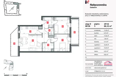 Rzut - Mieszkanie na sprzedaż 3 pokoje o powierzchni 69,29 m² - numer M-138 w Nałęczowska etap II