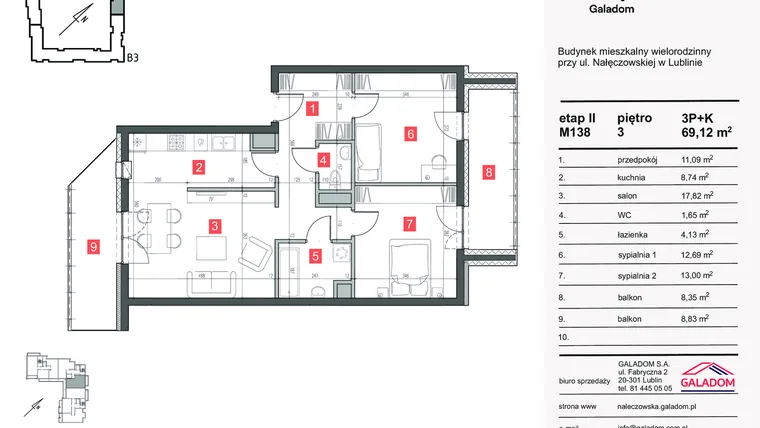 Rzut - Mieszkanie na sprzedaż 3 pokoje o powierzchni 69,29 m² - numer M-138 w Nałęczowska etap II