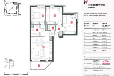 Rzut - Mieszkanie na sprzedaż 4 pokoje o powierzchni 72,87 m² - numer M-141 w Nałęczowska etap II
