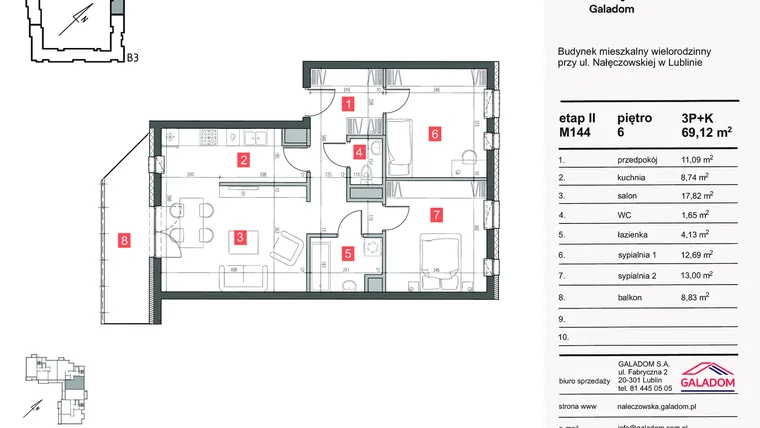 Rzut - Mieszkanie na sprzedaż 3 pokoje o powierzchni 69,12 m² - numer M-144 w Nałęczowska etap II