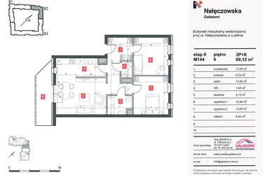 Rzut - Mieszkanie na sprzedaż 3 pokoje o powierzchni 69,17 m² - numer M-144 w Nałęczowska etap II