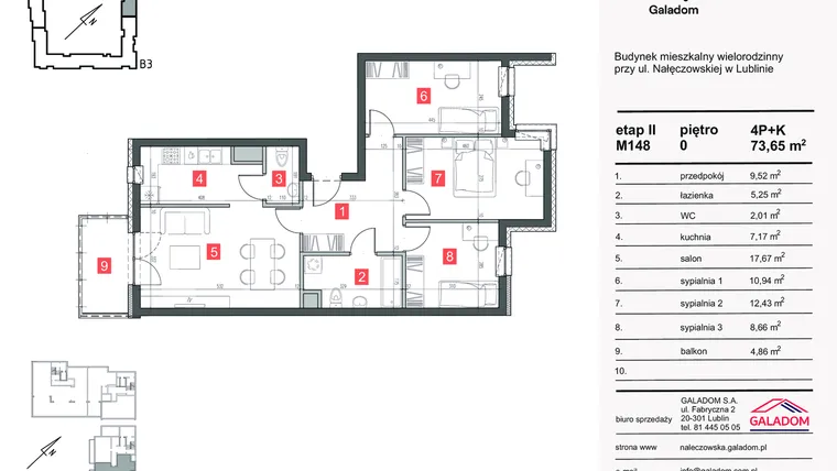 Rzut - Mieszkanie na sprzedaż 4 pokoje o powierzchni 73,65 m² - numer M-148 w Nałęczowska etap II