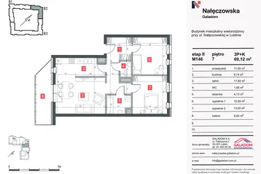 Rzut - Mieszkanie na sprzedaż 3 pokoje o powierzchni 69,34 m² - numer M-146 w Nałęczowska etap II
