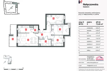 Rzut - Mieszkanie na sprzedaż 4 pokoje o powierzchni 73,84 m² - numer M-153 w Nałęczowska etap II