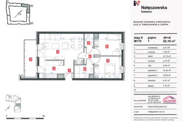 Rzut - Mieszkanie na sprzedaż 3 pokoje o powierzchni 62,51 m² - numer M-170 w Nałęczowska etap II