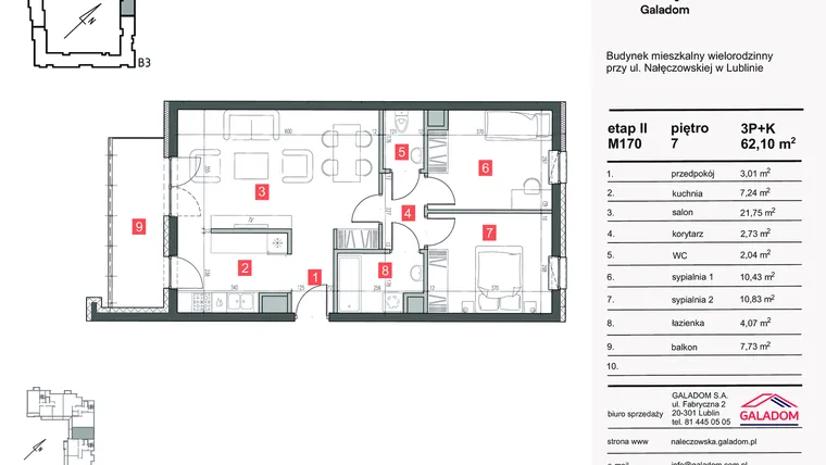 Rzut - Mieszkanie na sprzedaż 3 pokoje o powierzchni 62,51 m² - numer M-170 w Nałęczowska etap II
