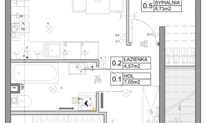 Rzut - Mieszkanie na sprzedaż 3 pokoje o powierzchni 48,03 m² - numer 55 w Manufaktura Marki 2 etap III