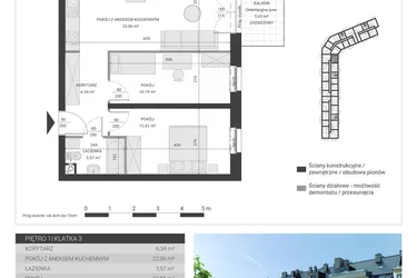 Rzut - Mieszkanie na sprzedaż 3 pokoje o powierzchni 55,57 m² - numer 64 w Ignatki Forest etap II