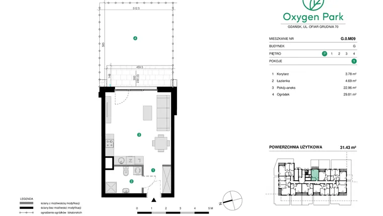 Rzut - Mieszkanie na sprzedaż 1 pokój o powierzchni 31,43 m² - numer G.0.M09 w Oxygen Park etap III