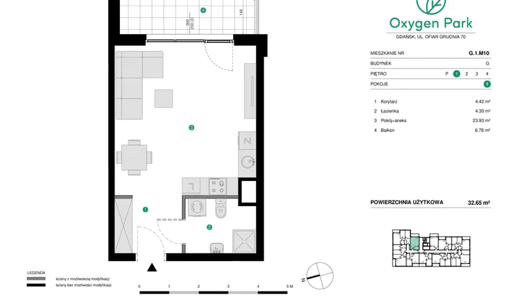 Rzut - Mieszkanie na sprzedaż 1 pokój o powierzchni 32,65 m² - numer G.1.M10 w Oxygen Park etap III