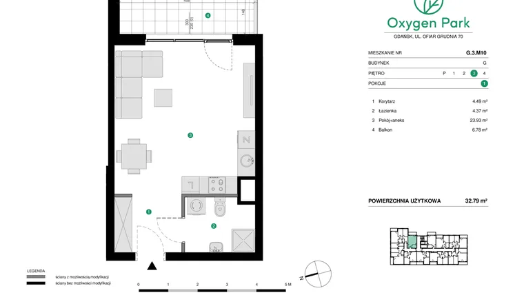 Rzut - Mieszkanie na sprzedaż 1 pokój o powierzchni 32,79 m² - numer G.3.M10 w Oxygen Park etap III