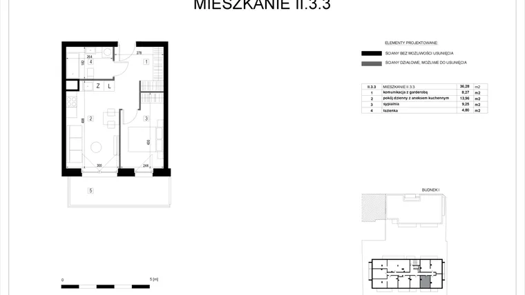 Rzut - Mieszkanie na sprzedaż 2 pokoje o powierzchni 36,39 m² - numer II.3.3 w Pryncypalna 66