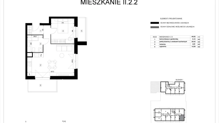 Rzut - Mieszkanie na sprzedaż 2 pokoje o powierzchni 44,83 m² - numer II.2.2 w Pryncypalna 66