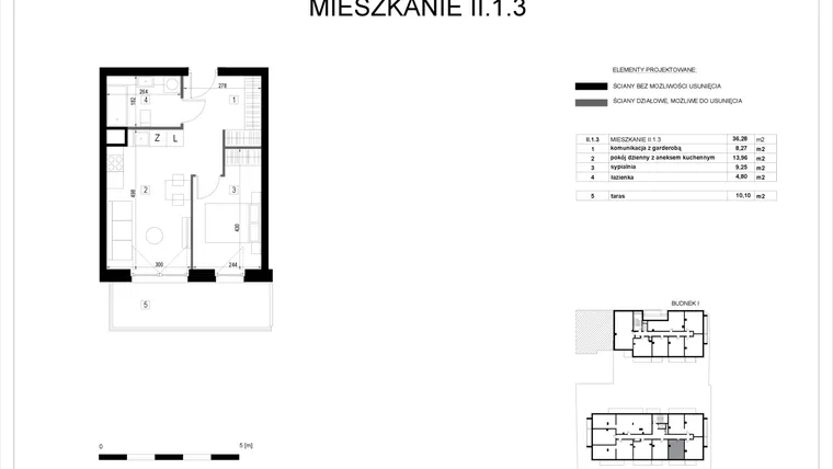 Rzut - Mieszkanie na sprzedaż 2 pokoje o powierzchni 36,3 m² - numer II.1.3 w Pryncypalna 66