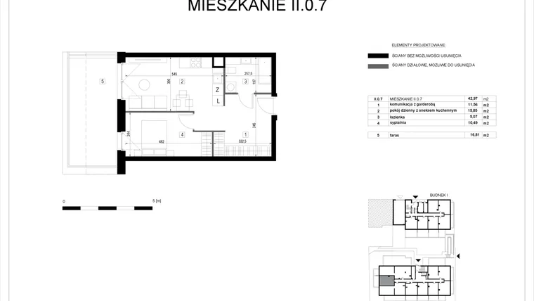 Rzut - Mieszkanie na sprzedaż 2 pokoje o powierzchni 42,78 m² - numer II.0.7 w Pryncypalna 66