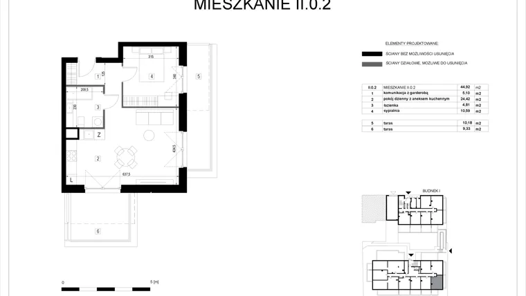Rzut - Mieszkanie na sprzedaż 2 pokoje o powierzchni 44,85 m² - numer II.0.2 w Pryncypalna 66