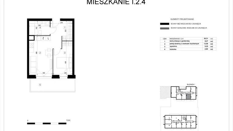 Rzut - Mieszkanie na sprzedaż 2 pokoje o powierzchni 36,31 m² - numer I.2.4 w Pryncypalna 66