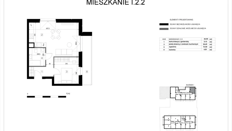 Rzut - Mieszkanie na sprzedaż 2 pokoje o powierzchni 45,01 m² - numer I.2.2 w Pryncypalna 66