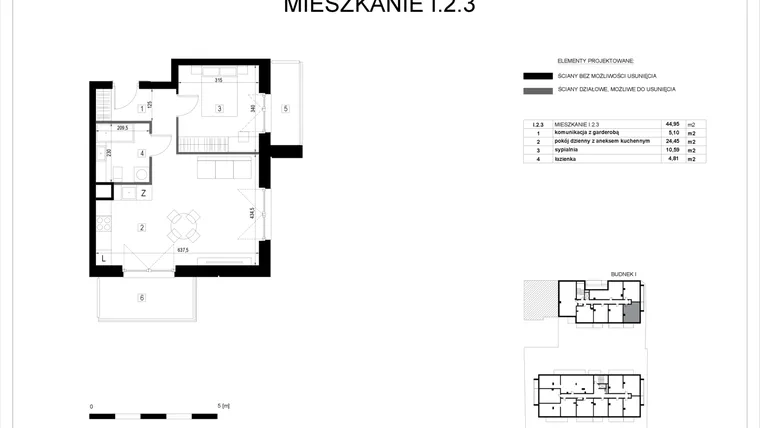 Rzut - Mieszkanie na sprzedaż 2 pokoje o powierzchni 44,98 m² - numer I.2.3 w Pryncypalna 66