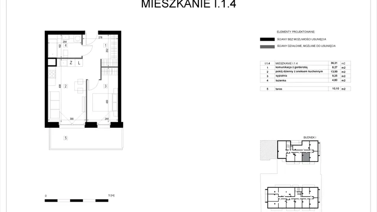 Rzut - Mieszkanie na sprzedaż 2 pokoje o powierzchni 36,34 m² - numer I.1.4 w Pryncypalna 66