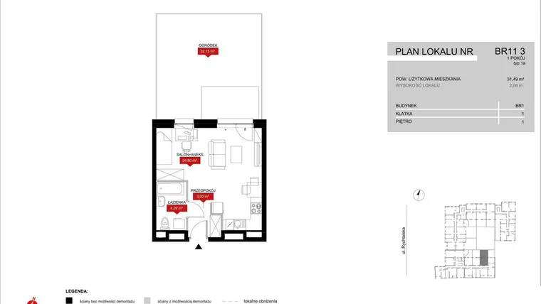 Rzut - Mieszkanie na sprzedaż 1 pokój o powierzchni 32,09 m² - numer BR11/3 w Browary Wrocławskie 2