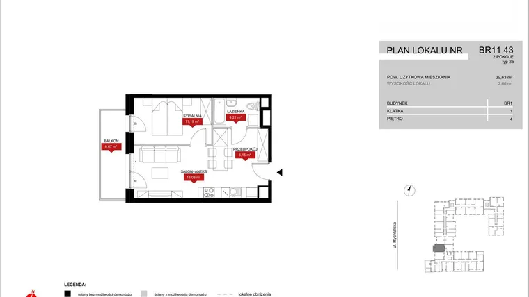Rzut - Mieszkanie na sprzedaż 2 pokoje o powierzchni 39,63 m² - numer BR11/43 w Browary Wrocławskie 2