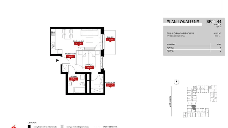 Rzut - Mieszkanie na sprzedaż 2 pokoje o powierzchni 41,55 m² - numer BR11/44 w Browary Wrocławskie 2