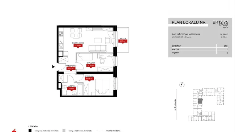 Rzut - Mieszkanie na sprzedaż 2 pokoje o powierzchni 54,78 m² - numer BR12/75 w Browary Wrocławskie 2