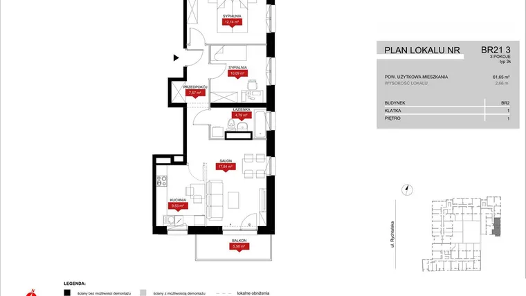Rzut - Mieszkanie na sprzedaż 3 pokoje o powierzchni 61,96 m² - numer BR21/3 w Browary Wrocławskie 2