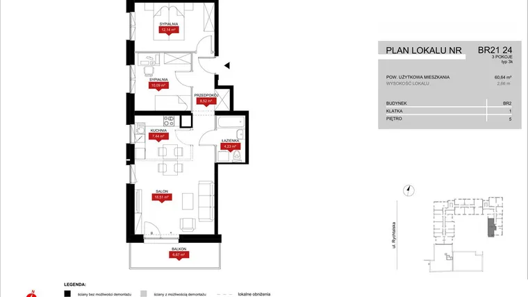 Rzut - Mieszkanie na sprzedaż 3 pokoje o powierzchni 60,93 m² - numer BR21/24 w Browary Wrocławskie 2