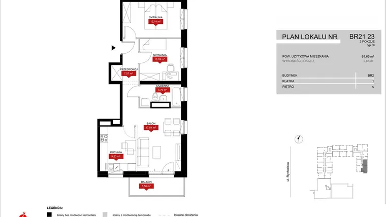 Rzut - Mieszkanie na sprzedaż 3 pokoje o powierzchni 61,96 m² - numer BR21/23 w Browary Wrocławskie 2