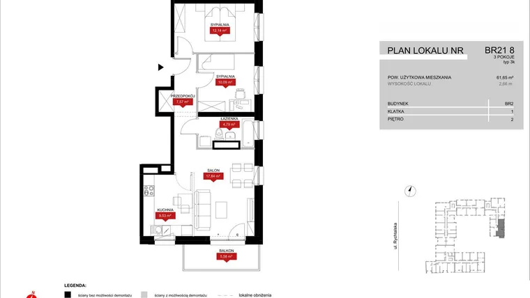 Rzut - Mieszkanie na sprzedaż 3 pokoje o powierzchni 61,96 m² - numer BR21/8 w Browary Wrocławskie 2