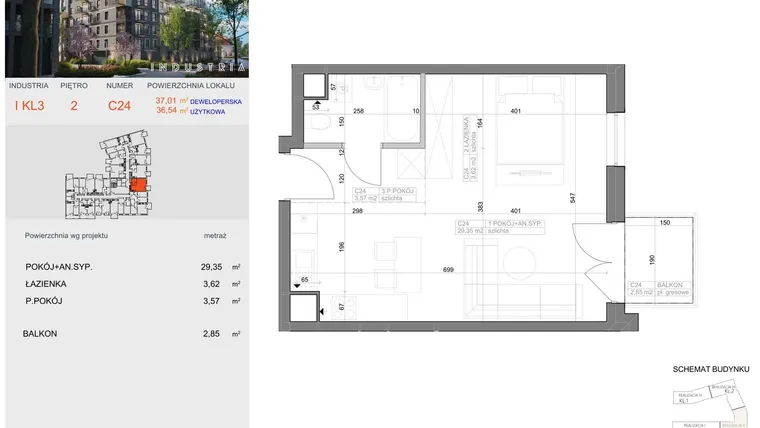 Rzut - Mieszkanie na sprzedaż 1 pokój o powierzchni 36,54 m² - numer I-C24 w Industria etap I-D oraz I-C