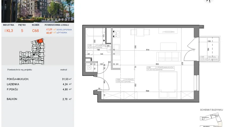 Rzut - Mieszkanie na sprzedaż 1 pokój o powierzchni 40,67 m² - numer I-C68 w Industria etap I-D oraz I-C