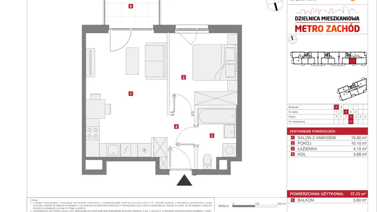 Rzut - Mieszkanie na sprzedaż 2 pokoje o powierzchni 37,33 m² - numer 13.1.A.77 w Dzielnica Mieszkaniowa Metro Zachód - etap 13