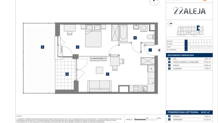 Rzut - Mieszkanie na sprzedaż 2 pokoje o powierzchni 42,61 m² - numer C.5 w 29. Aleja etap 2
